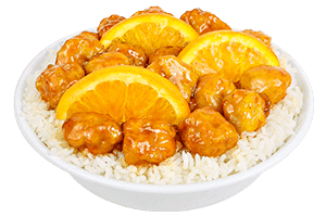 Pei Wei Orange Chicken- Tempura-battered chicken, tossed in our signature Sriracha orange sauce with fresh orange slices.