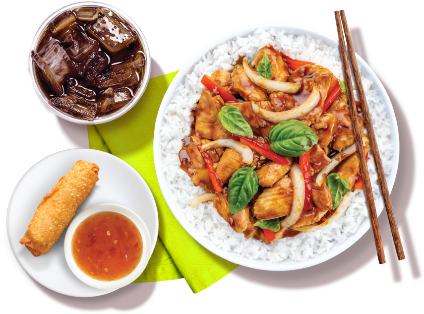 PERFECT lunch with 1 Chicken Entrée + 1 Egg Roll or Spring Roll + 1 Fountain Drink